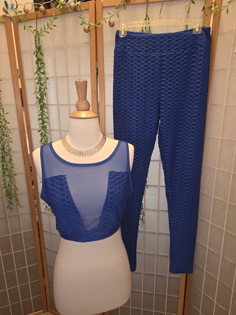 Textured Royal Blue Skinny Jumpsuit Pants with Sheer Panel Crop Top